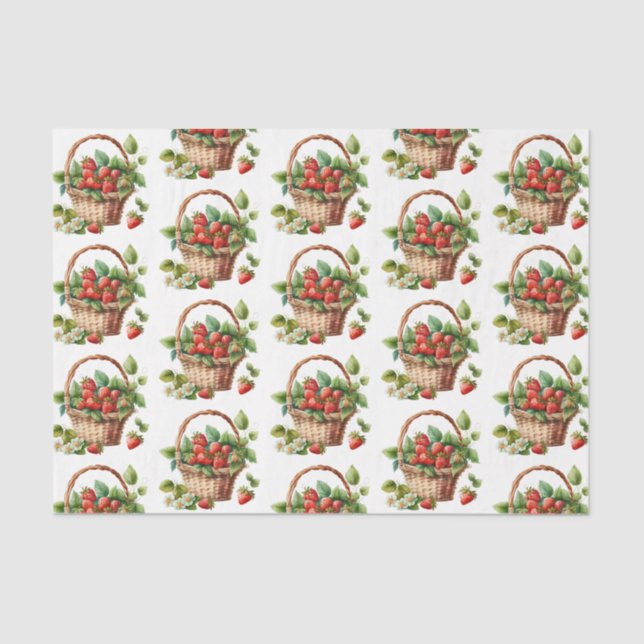 Papel De Seda Fresas frescas en un patrón de canasta de mimbre (Anverso)
