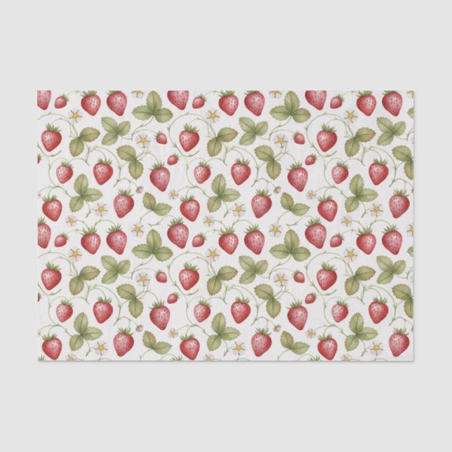 Papel De Seda Fresas, hojas y flores de acuarela (Anverso)