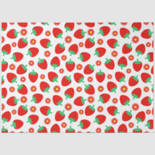 Papel De Seda Fresas rojas lindas y flores sobre fondo blanco