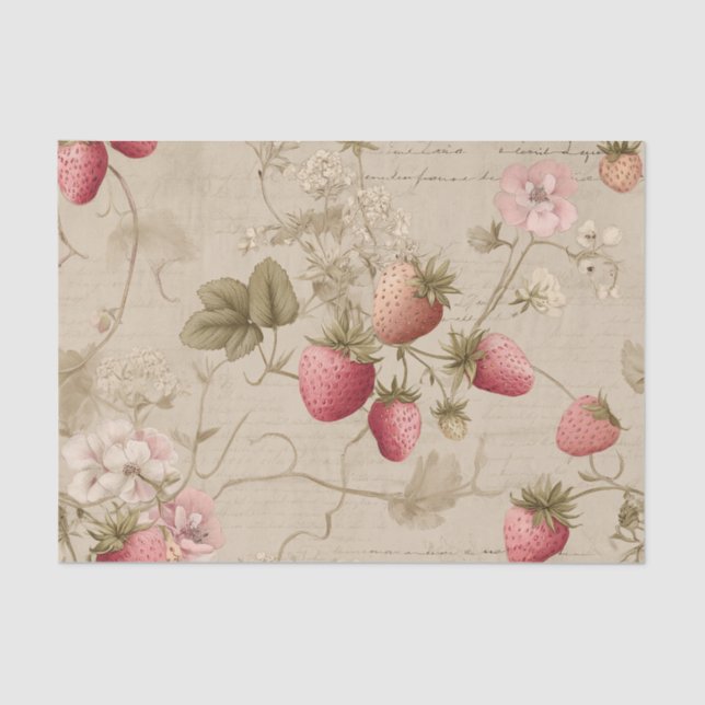 Papel De Seda Fresas rosadas vintage (Anverso)