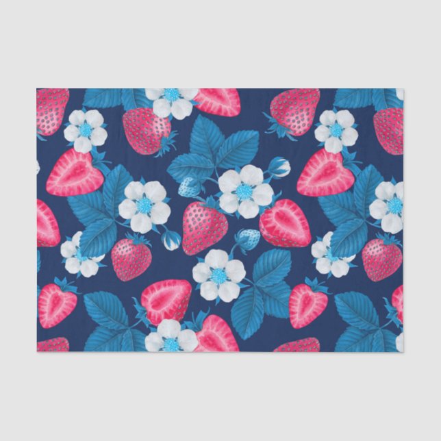 Papel De Seda Fresas rosas en azul (Anverso)