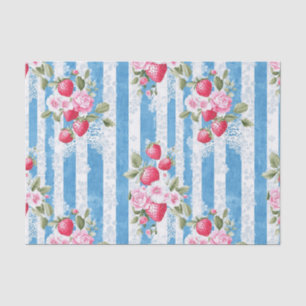 Papel De Seda Fresas y flores antiguas en franjas azules