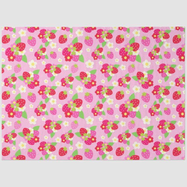Papel De Seda Fresas y flores lindas rojas y rosadas sobre rosa (Anverso)