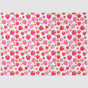 Papel De Seda Fresas y flores rosadas y rojas en blanco