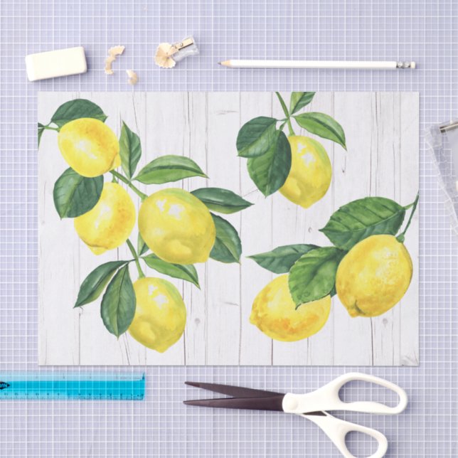 Papel De Seda Fresca limones de campo acuarela, madera blanca rú (Artesanía)