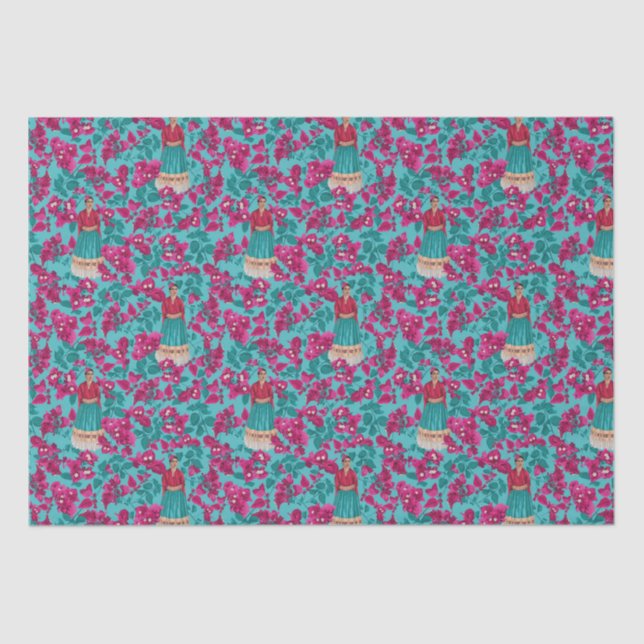 Papel De Seda Frida Kahlo en las buganvillas rosas (Anverso)