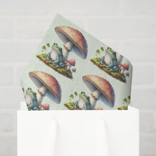 Papel De Seda Frog Under a Mushroom Cute Nature Pattern (Bolsa de regalo)