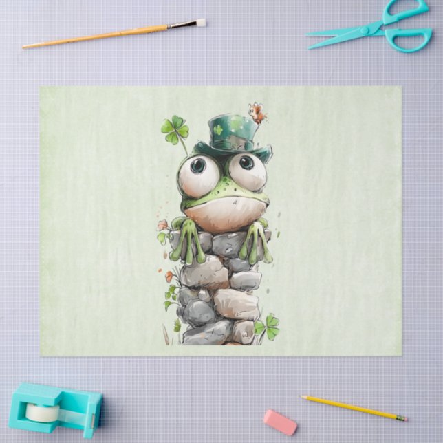Papel De Seda Frog with Green Hat and Shamrock Cute (Artesanía)