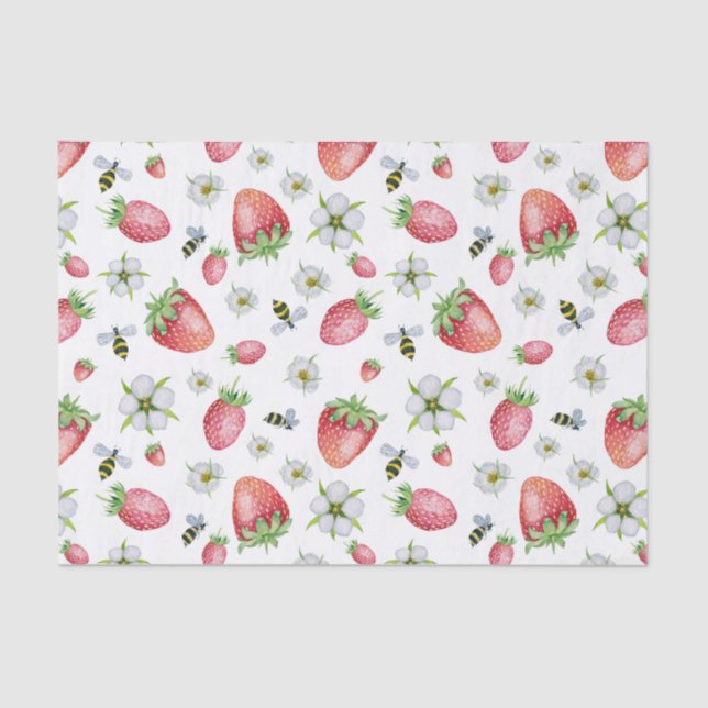 Papel De Seda Fruta de fresa acuarela, abejas y flores (Anverso)