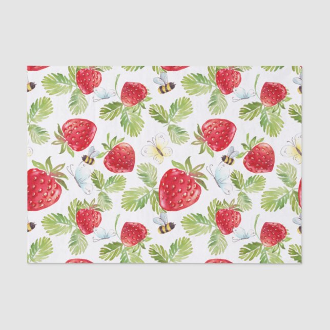 Papel De Seda Fruta de fresa acuática, abejas y mariposas (Anverso)