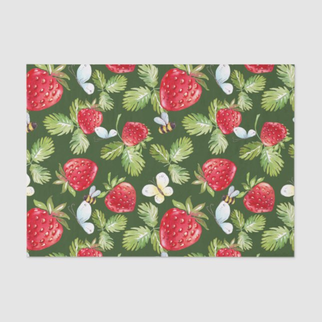 Papel De Seda Fruta de fresa, hojas y abejas (Anverso)