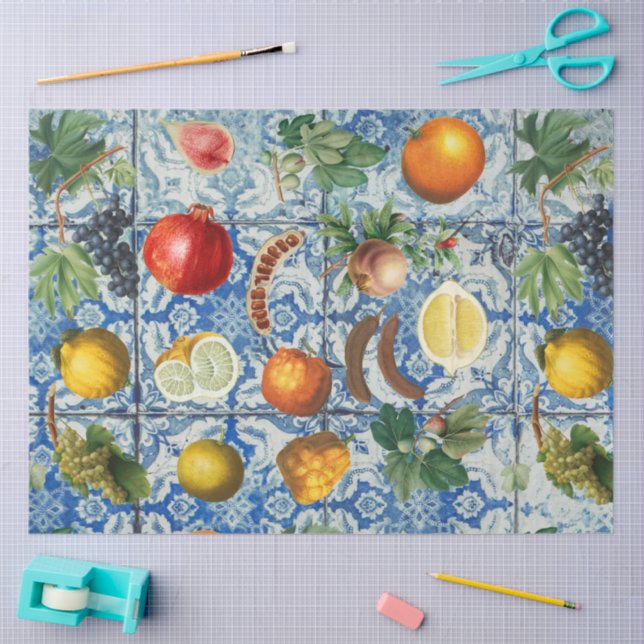 Papel De Seda Fruta mediterránea de verano y mosaico blanco azul (Artesanía)