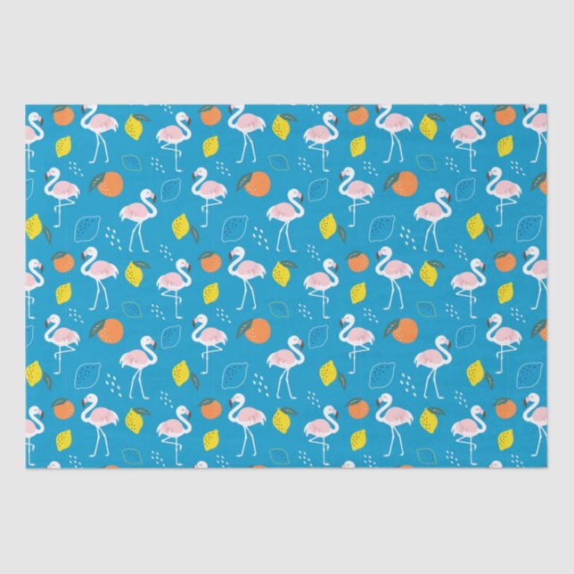 Papel De Seda Frutas flamencas tropicales de fondo azul (Anverso)