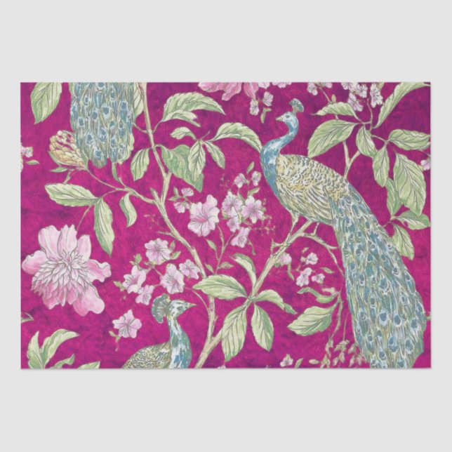 Papel De Seda Fuchsia Chinoiserie pavo de pavo real desconexión  (Anverso)