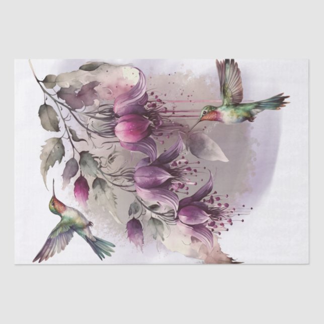 Papel De Seda Fuchsia Flower Hummingbird Watercolor (Anverso)