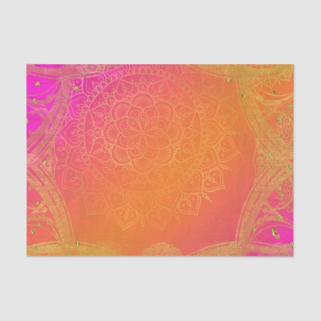 Papel De Seda Fucsia Rosa Naranja y Dorado Glam Mandala Hindú (Anverso)