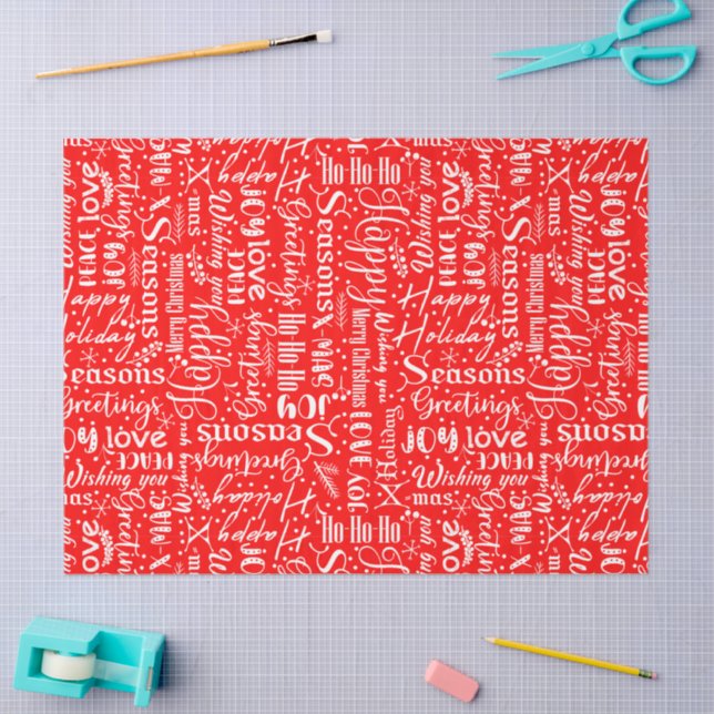 Papel De Seda Fun Modern Red Merry Christmas Script Decoupage (Artesanía)