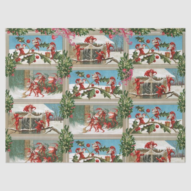 PAPEL DE SEDA FUNNY RED NAVIDADES ELVES, HOLLYBERRIES, MISTLETOR (Anverso)