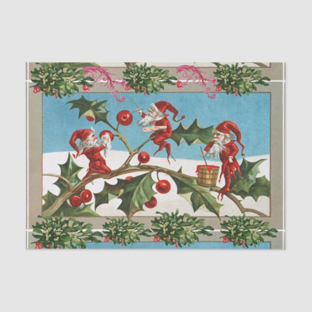 PAPEL DE SEDA FUNNY RED NAVIDADES ELVES, HOLLYBERRIES, MISTLETOR (Anverso)