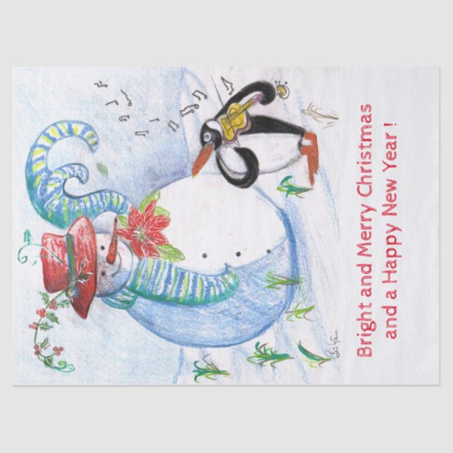PAPEL DE SEDA FUNNY SNOWMAN Y EL SERENADE INVIERNO DE PENGUÍN (Anverso)