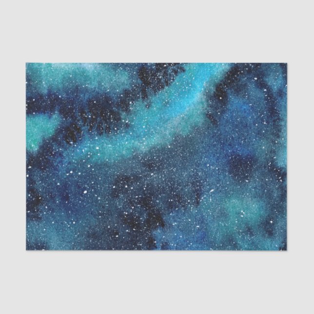 Papel De Seda Galaxia azul acuarela y turquesa con estrellas (Anverso)