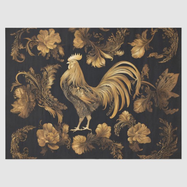 Papel De Seda Gallo de granja dorado sobre negro (Anverso)