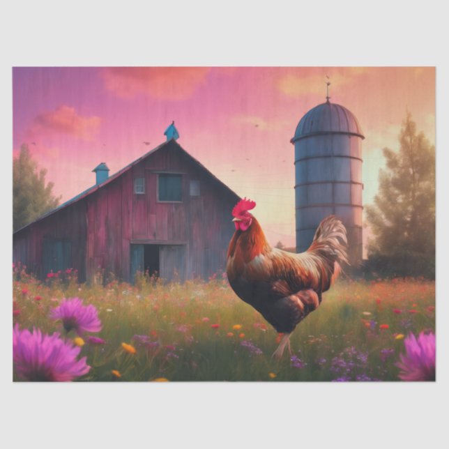 Papel De Seda gallo en la granja al atardecer (Anverso)