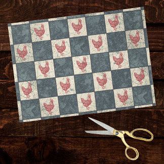 Papel De Seda Gallo Rojo en Granja de Cuadros Gris y Negro