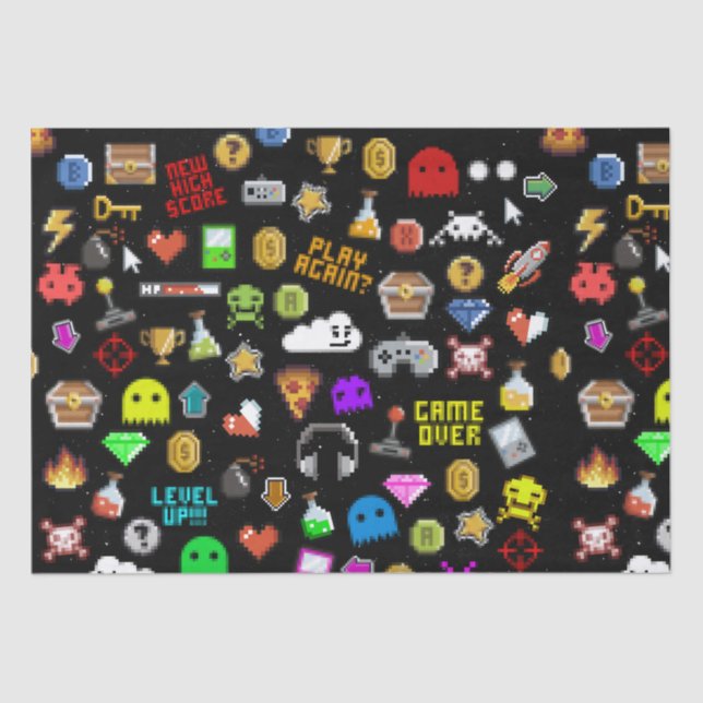 Papel De Seda Gamer retro Pixel Video Gaming Iconos Envolver Pap (Anverso)