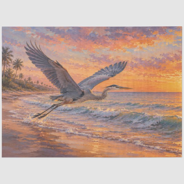 Papel De Seda Garza volando sobre decoupage de océano (Anverso)