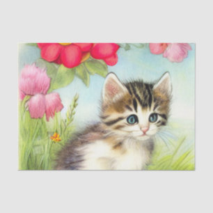 Papel De Seda Gatito blanco y marrón vintage con flores
