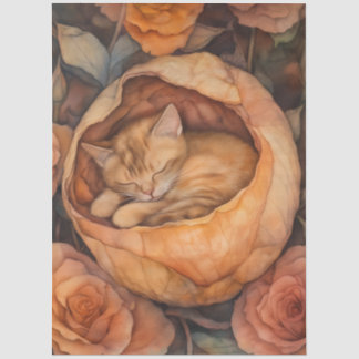Papel De Seda Gatito Durmiendo en Flor de Rosa Acuarela Floral