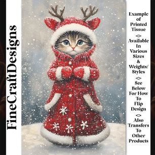 Papel De Seda Gatito Reno Adorable con Abrigo Rojo AK6F Decoupag