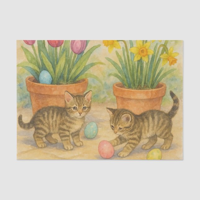 Papel De Seda Gatitos jugando con huevos de Pascua  (Anverso)