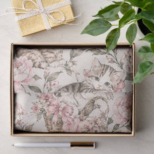 Papel De Seda Gatitos Vintage y Patrón de Jardín Floral