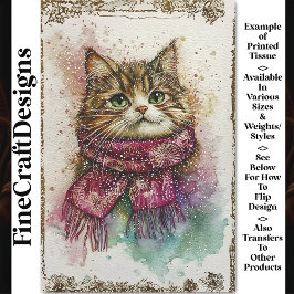 Papel De Seda Gato acuarela, bufanda magenta, nieve BZ1 decoupag