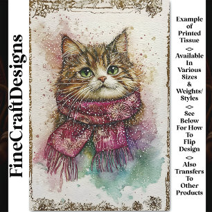 Papel De Seda Gato acuarela, bufanda magenta, nieve BZ1 decoupag