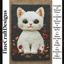Papel De Seda Gato Blanco Bordado Realista BZ8 Decoupage