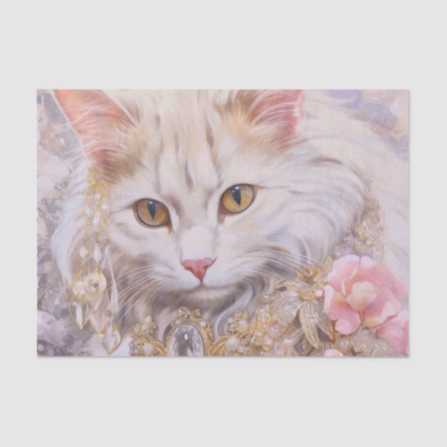 Papel De Seda Gato blanco elegante en oro y diamantes (Anverso)