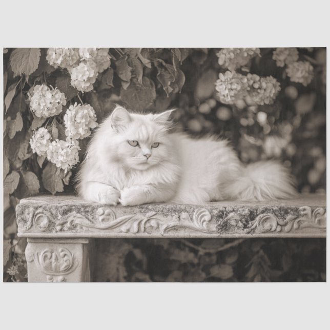 Papel De Seda Gato Blanco en el Jardín de Flores Decoupage (Anverso)