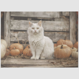 Papel De Seda Gato Blanco Vintage Calabazas de Otoño Decoupage