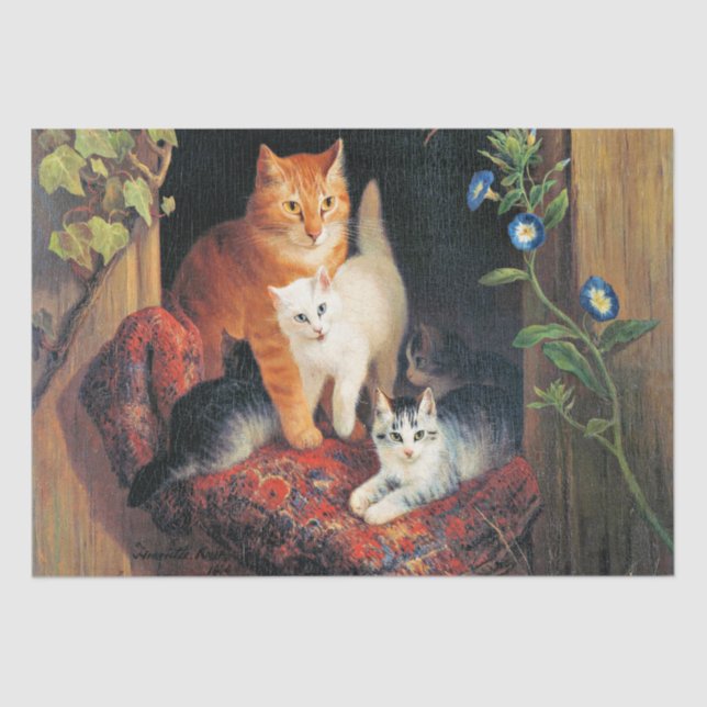 Papel De Seda Gato con gatitos, pintura artística fina, (Anverso)