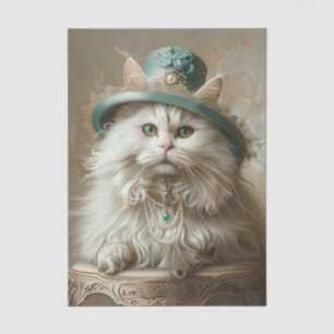Papel De Seda Gato de color crema Sombrero azul turquesa Perlas 