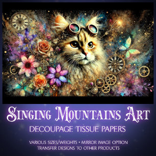 Papel De Seda Gato de fantasía floral Steampunk retrato Decoupag