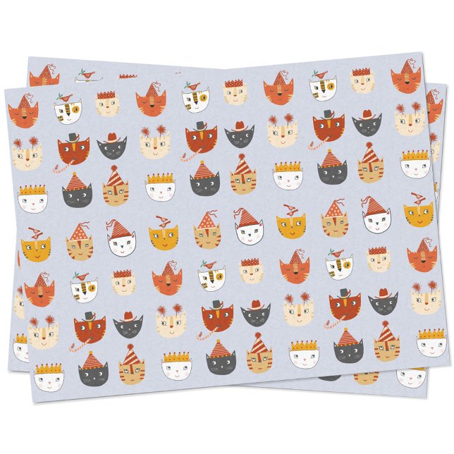 Papel De Seda Gato de Fiesta cutáneo (Cute kitty cats with party hats and crowns on tissue paper)