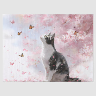 Papel De Seda Gato de flor de cerezo y mariposas (1)
