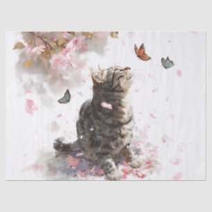 Papel De Seda Gato de flor de cerezo y mariposas (11)