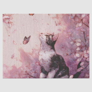 Papel De Seda Gato de flor de cerezo y mariposas (2)