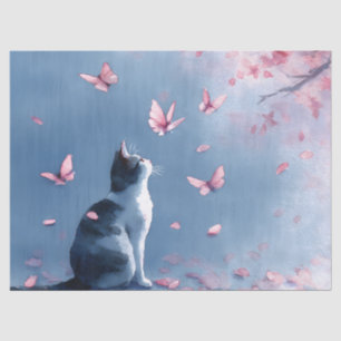 Papel De Seda Gato de flor de cerezo y mariposas (4)