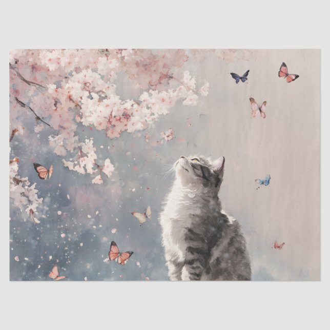 Papel De Seda Gato de flor de cerezo y mariposas (6) (Anverso)